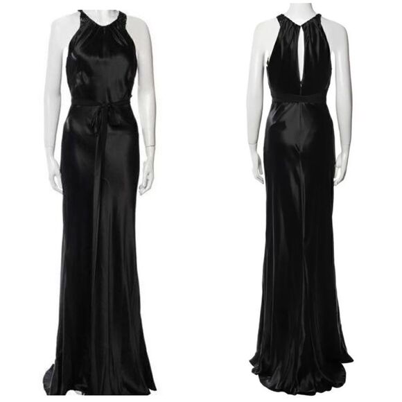 Vera Wang Black Satin Sleeveless Sequin Neck Keyhole Back Evening Maxi Gown 8 - Picture 1 of 16